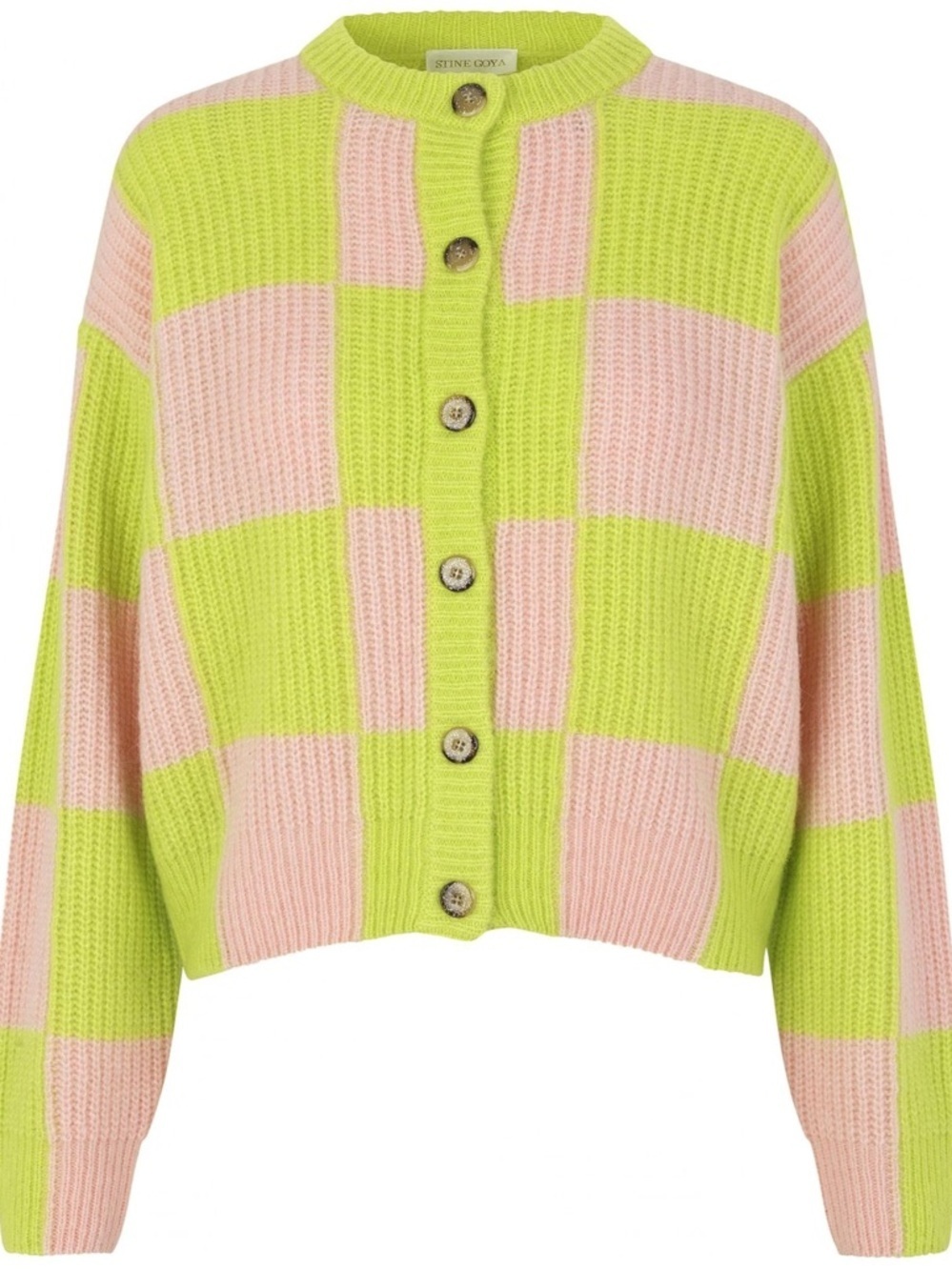 STINE GOYA Checkerboard Button-Up Cardigan in Pink & Lime plaid crewneck sweater - Picture 3 of 9